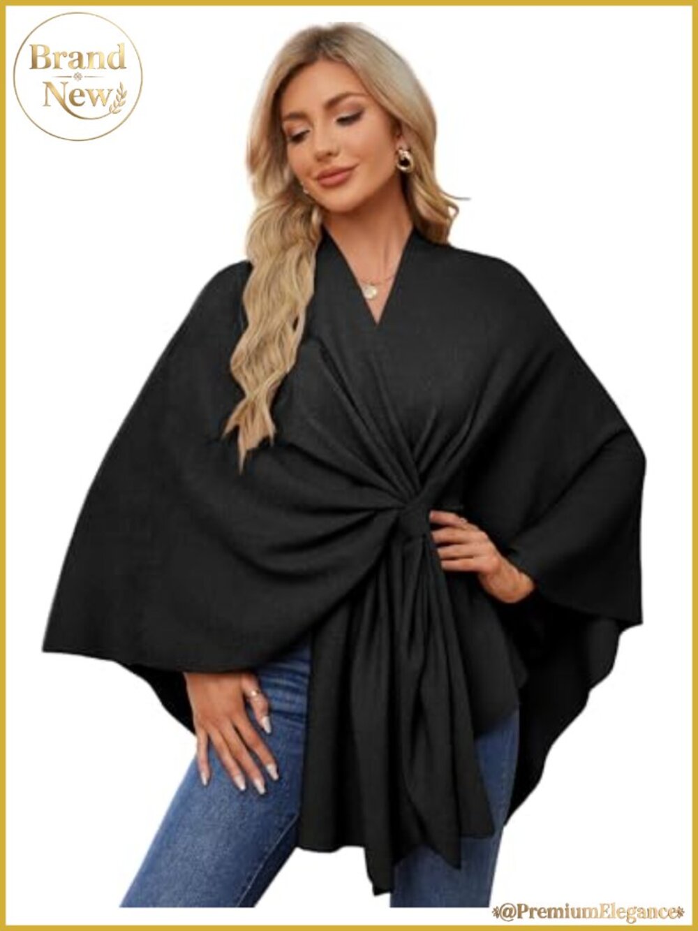 Ribbed Knit Shawl Wrap Open Front Poncho Sweater Wrinkle Resistant